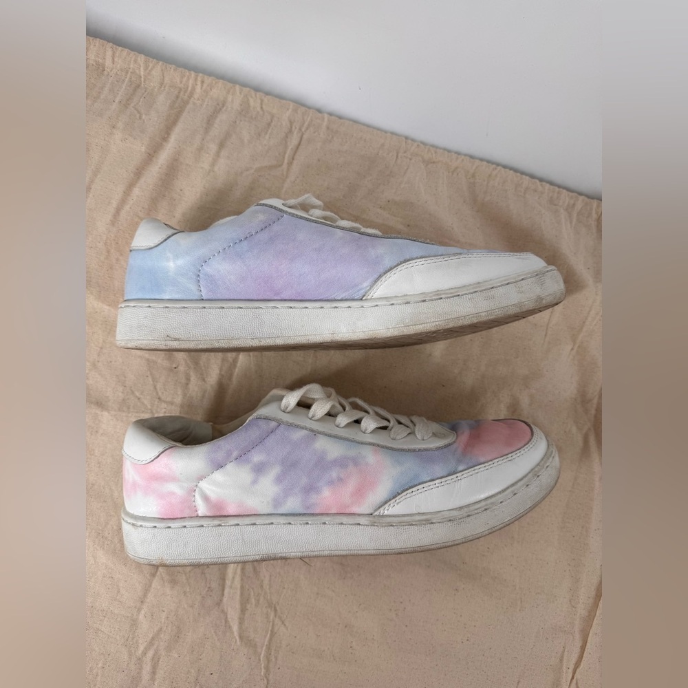 Women’s Leather Tie Dye Sneakers Pastel Pink Blue White Lace Up Casual Shoes - Picture 2 of 4